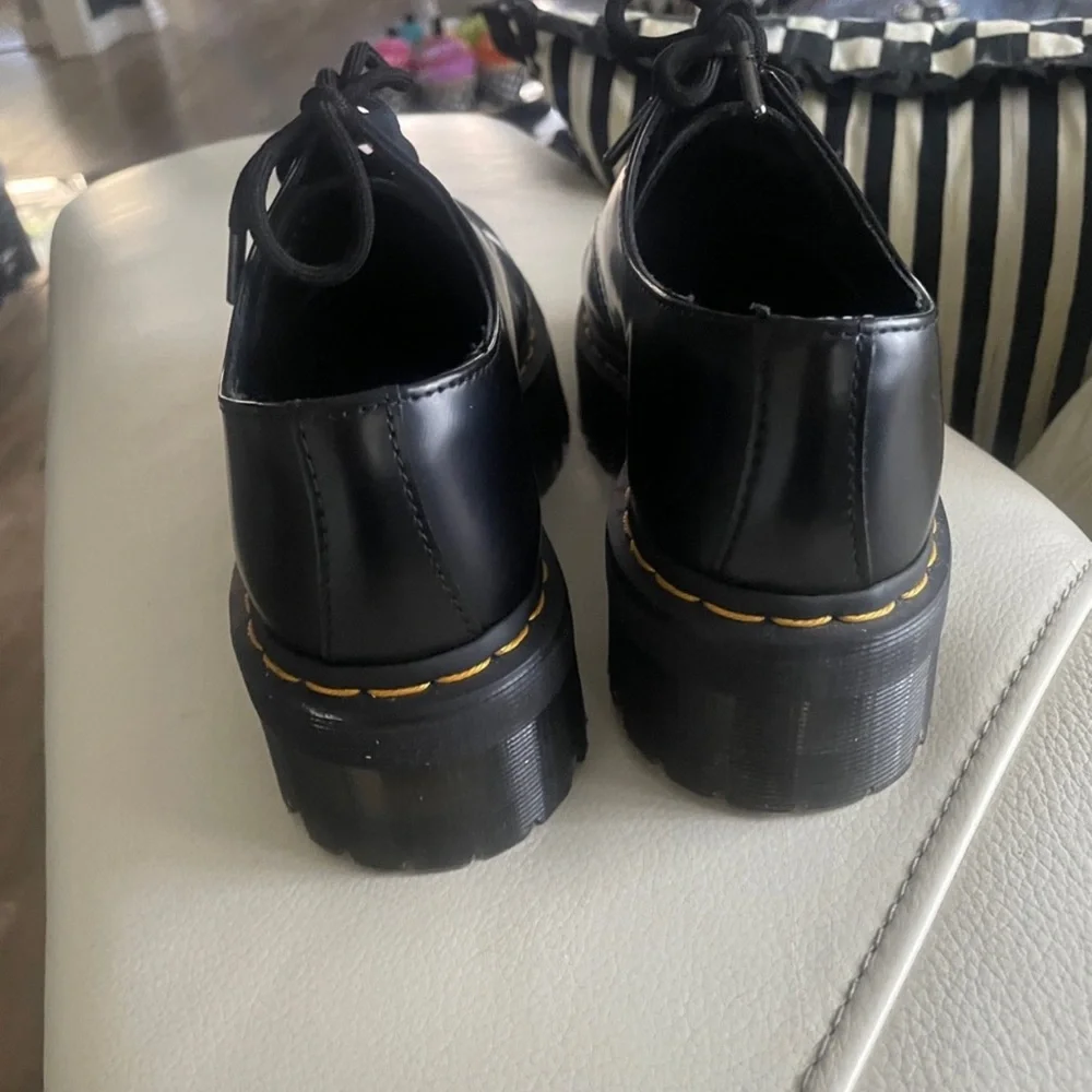 Dr. Martens Black Leather Lace-Up Platform Shoe with Yellow Stitching